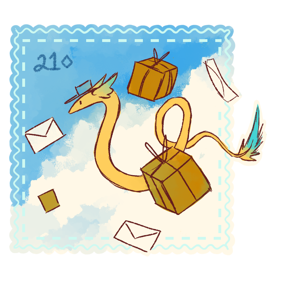 A cute little yellow snake in the sky, wearing a mail hat and surrounded by packages and letter envelopes 