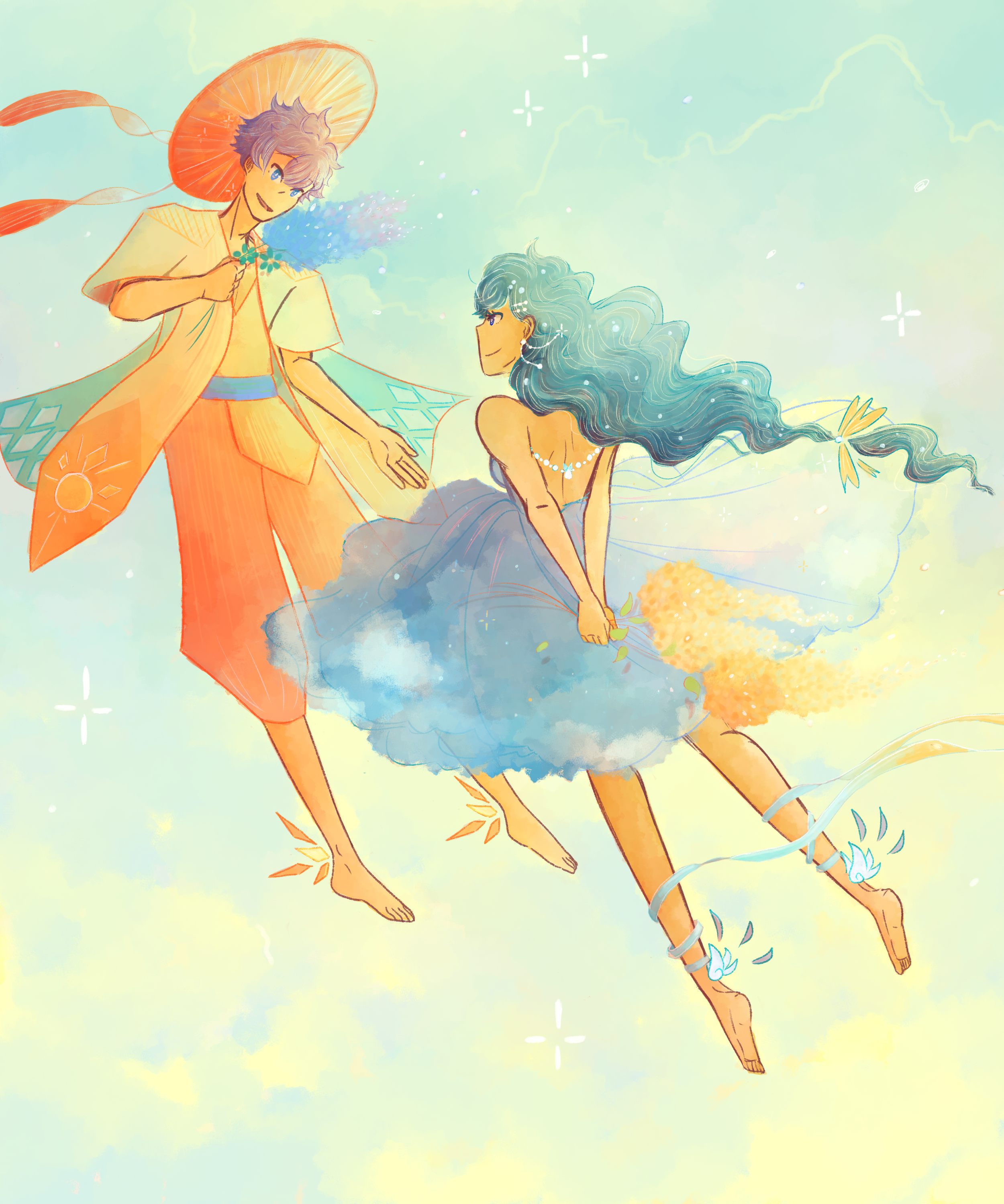 A couple are floating in the sky, a masculine person in orange clothes and a feminine appearing person wearing a flowing blue dress.