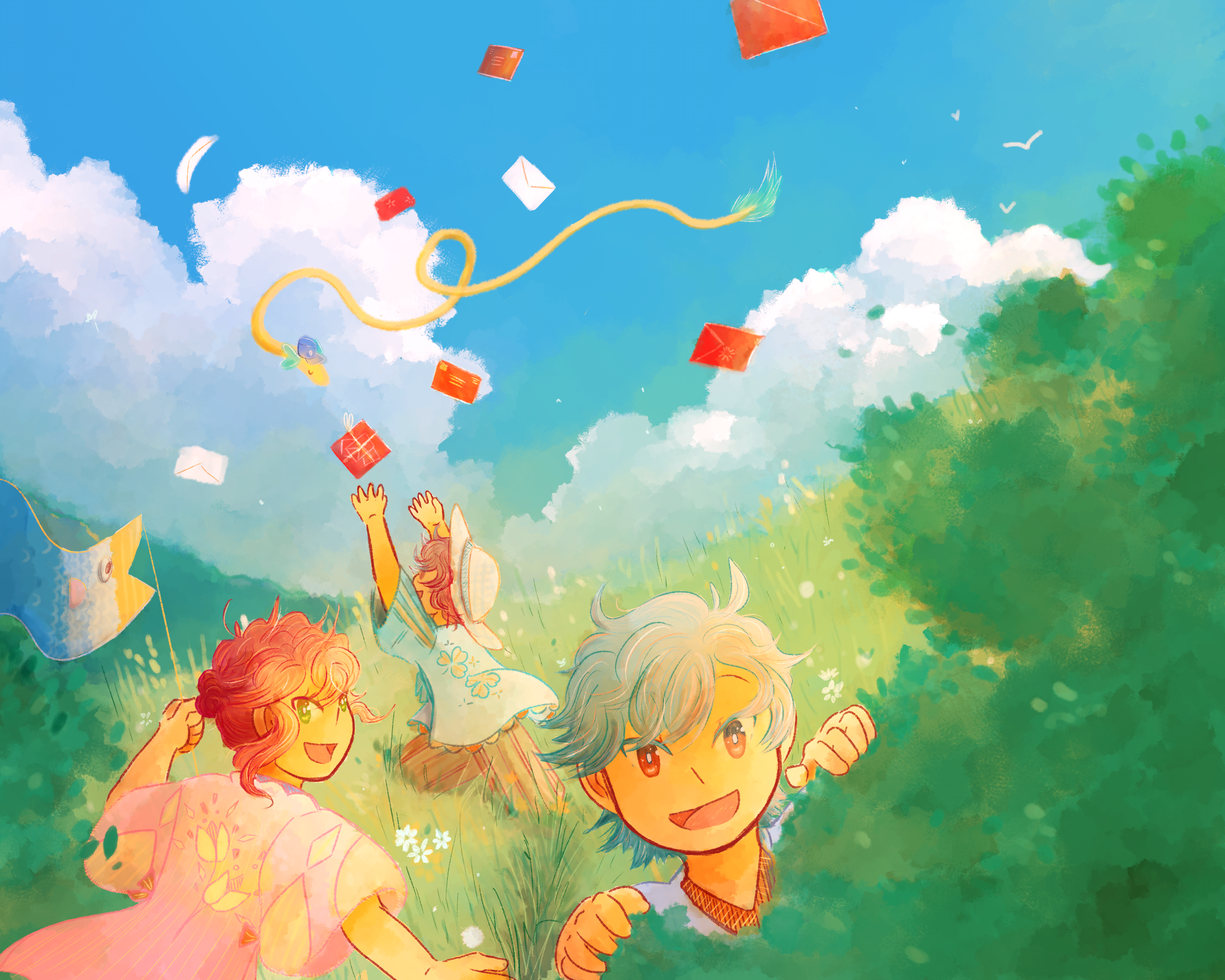A group of brightly colored children playing in a green field. The bright blue cloudy sky has red and yellow balloons. 